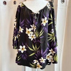Paradise Bay Womens Top 2XL Floral Plumeria Rayon Hawaiian Tropical Boho 20036